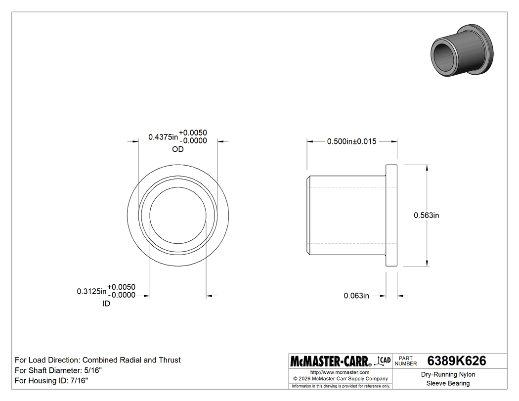Technical Drawing of Dry-Running Nylon Sleeve Bearing, Flanged, for 5/16" Shaft Diameter and 7/16" Housing ID, 1/2" Long.